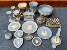 Collection of Wedgwood, including 'Blue Jasper' ware bowl, vase, pair of candlesticks, mantle clock,