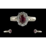 Antique Period Ladies 18ct White Gold Attractive Diamond And Ruby Set Cluster Ring, not marked but