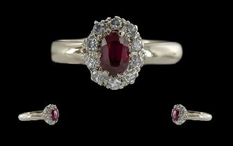 Antique Period Ladies 18ct White Gold Attractive Diamond And Ruby Set Cluster Ring, not marked but