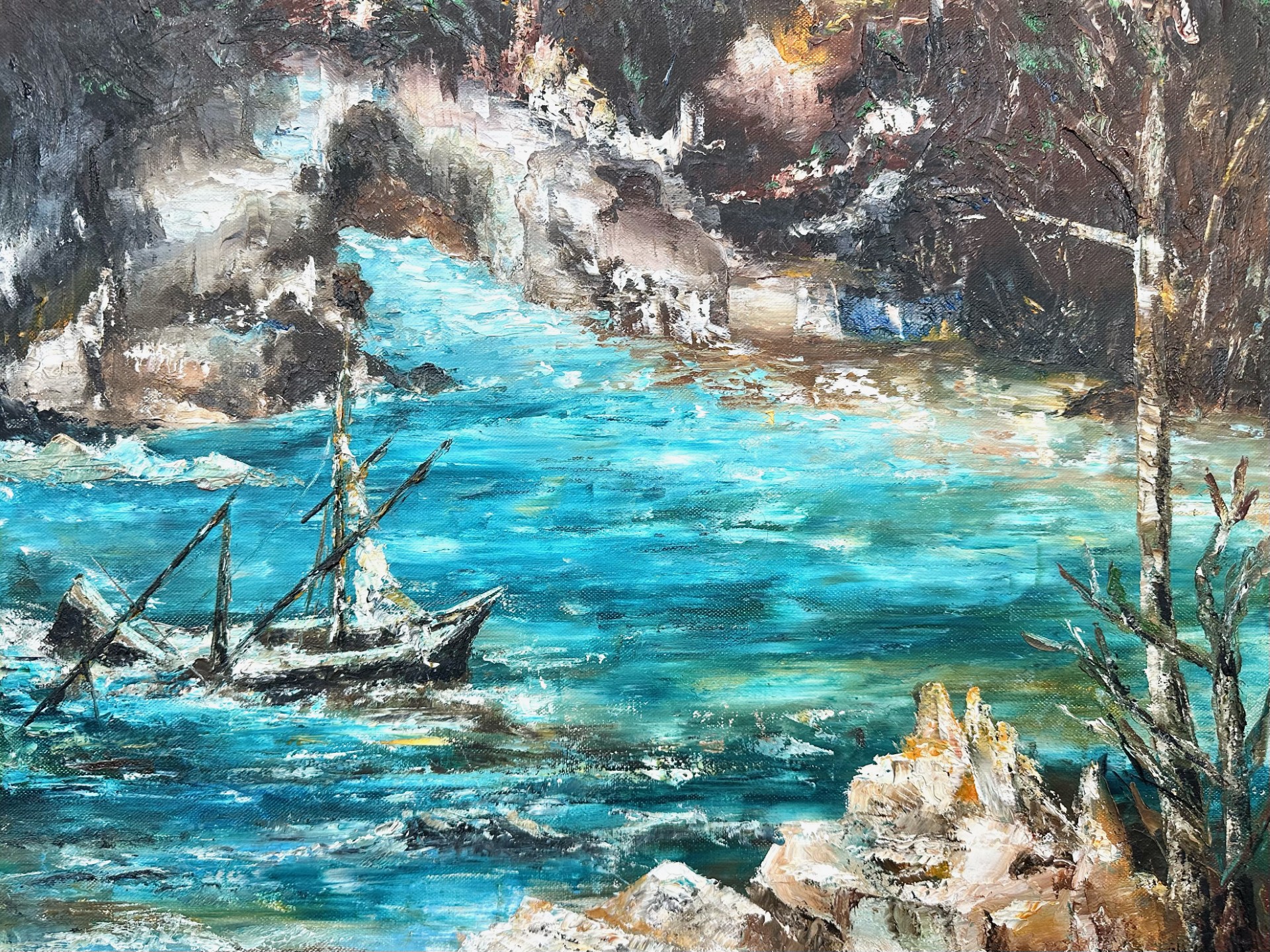 Large Oil on Canvas Painting depicting a colourful scene of a ship on the sea at night. Measures - Image 2 of 2