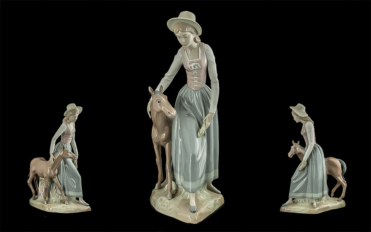 Nao by Lladro Large and Impressive Hand Painted Porcelain Figure ' Young Girl with Foal ' Marks to