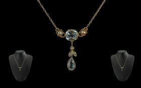 Edwardian Period 1901 - 1910 Pleasing Designed Ladies Aquamarine and Seed Pearl Set Necklace with