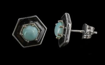 Larimar and Black Enamel Art Deco Style Earrings, a pair of hexagonal plaques, set to the centre