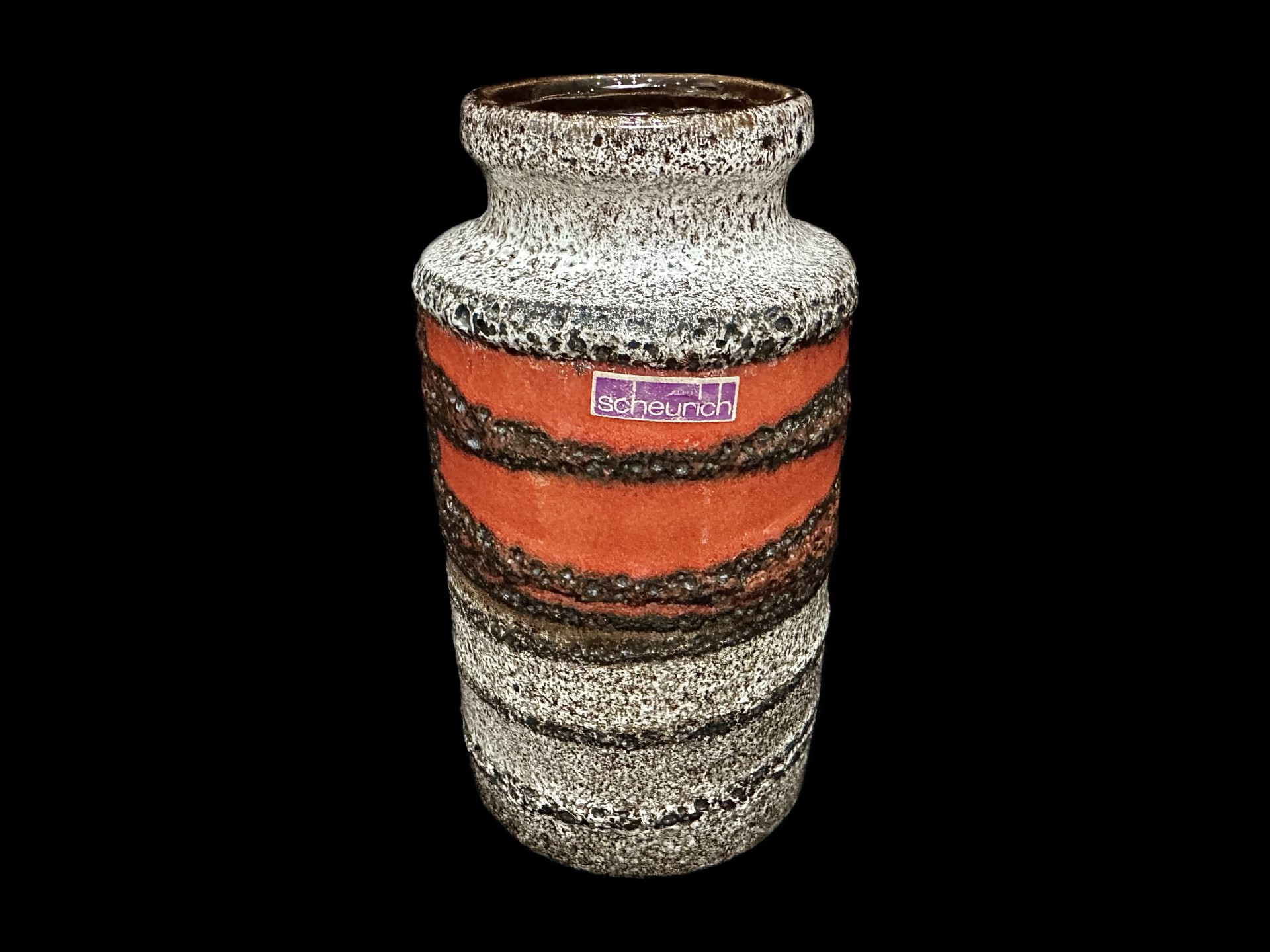 Scheurick 1970's West German Vase No. 203-18, measures 7.5'' high, in brown and cream with orange