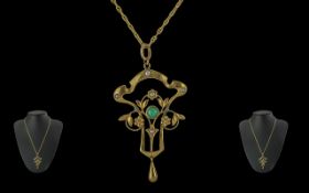 Art Nouveau Stylish 9ct Gold Open Worked Pendant Set with Turquoise and Seed Pearls with 9ct Gold