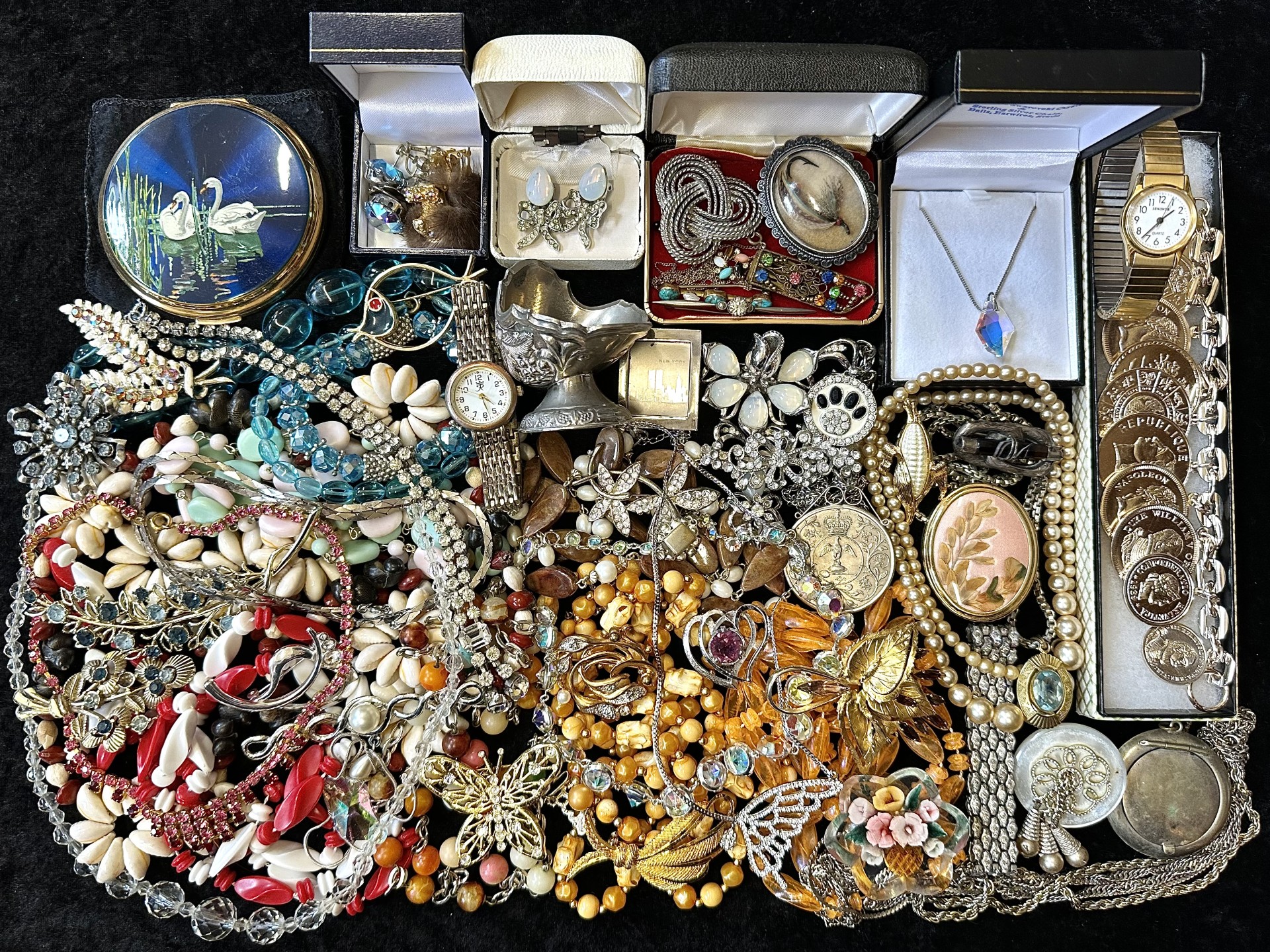 Box of Vintage Costume Jewellery, including brooches, beads, shell necklaces, pendants, watches,