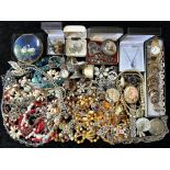 Box of Vintage Costume Jewellery, including brooches, beads, shell necklaces, pendants, watches,