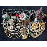 A Collection of Vintage Costume Jewellery to include necklaces, pearls, brooches, gold tone