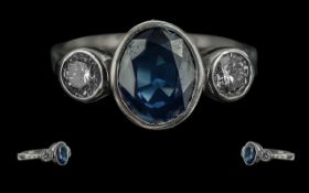 Ladies -18ct White Gold 3 Stone Diamond and Sapphire Set Ring, Excellent Setting, Full hallmark to