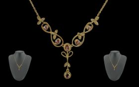 Antique period 9ct gold integral open-worked garnet set necklace with drop. marked 9ct. well matched