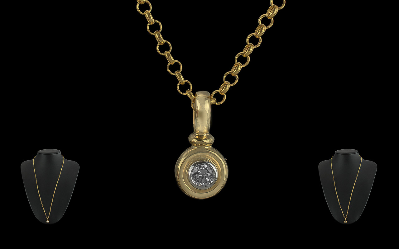 18ct Gold Single Stone Diamond Set Pendant - Attached To A Long 9ct Gold Belcher Chain. With full