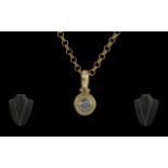 18ct Gold Single Stone Diamond Set Pendant - Attached To A Long 9ct Gold Belcher Chain. With full