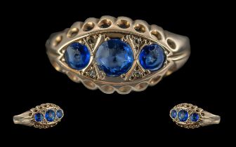 Antique Period Ladies 9ct Gold Blue Sapphire and Diamond Set Ring, Full hallmark to Interior of
