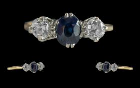 Ladies Early 20th Century 18ct Gold 3 Stone Diamond And Sapphire Set Ring - Not Marked But Tests