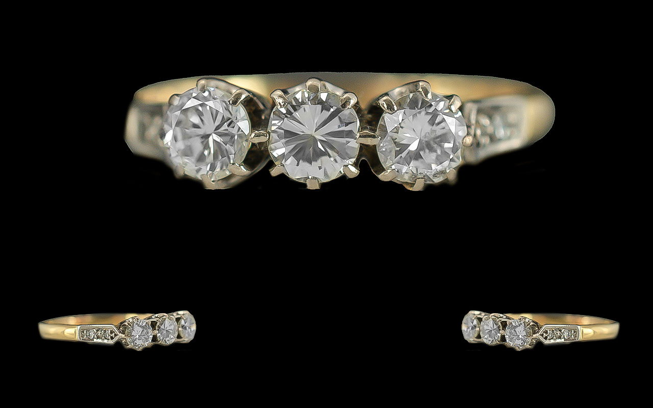 Ladies 18ct Gold 3 Stone Diamond Set Ring - No hallmark but Tests 18ct. The 3 Well Matched Round