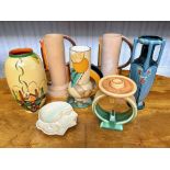 Box of Art Deco Style Vases, including a pair of jugs, two colourful vases, a tall blue vase, a