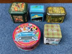Five Advertising Tins, including a Jubilee Year 1931 tin, Mickey Mouse tin, 1990s biscuit tin, Ma