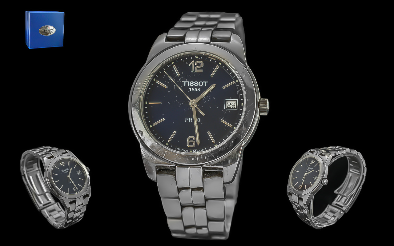 Tissot 1853 PR50 Gents Stainless Steel Wrist Watch, Features black dial, silver markers, just-date