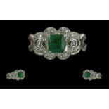 Ladies 18ct White Gold Contemporary Emerald and Diamond Set Ring, Marked 750 - 18ct to Interior of