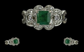 Ladies 18ct White Gold Contemporary Emerald and Diamond Set Ring, Marked 750 - 18ct to Interior of