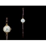 Ladies 1930's 9ct Gold Watch, white face, Roman numerals, subsidiary dial, with a brown leather
