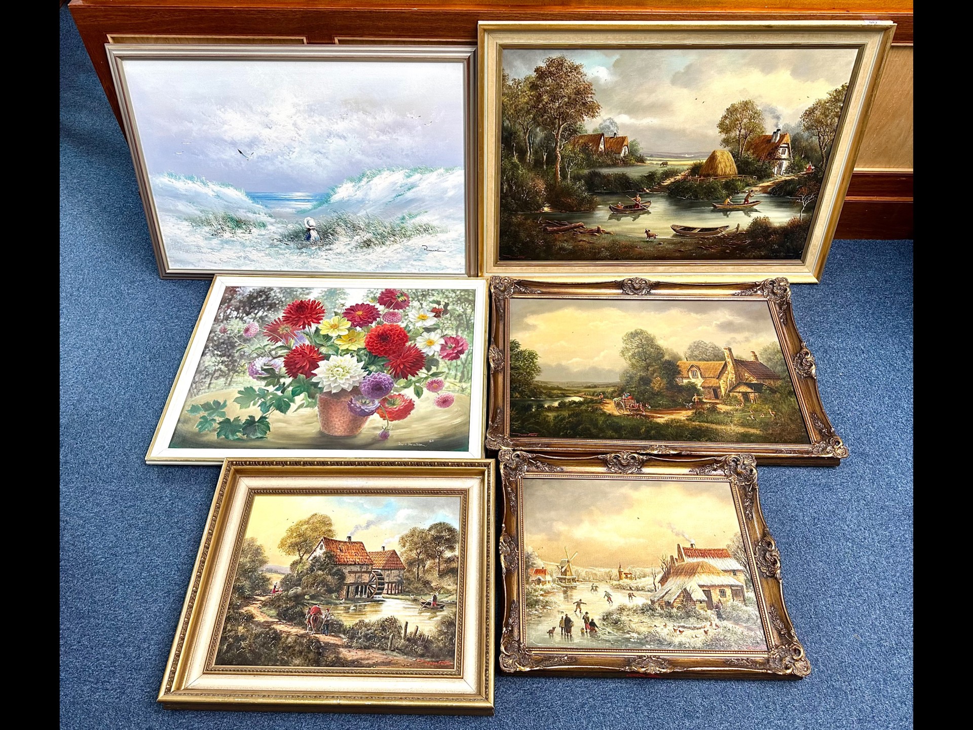 Collection of Six Oil on Canvas Paintings, mid to late 20th Century, mostly landscapes. All