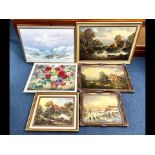 Collection of Six Oil on Canvas Paintings, mid to late 20th Century, mostly landscapes. All