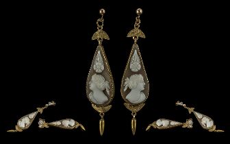 Antique Period Ladies - Pair of 14ct Gold tear drop Cameo Earrings of Pleasing Quality /
