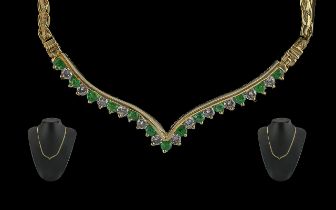 Ladies - 14ct gold pleasing quality emerald and diamond set necklace. the emeralds and diamonds of