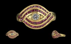Ladies Pleasing Quality Design 18ct Gold Ruby and Diamond Set Dress Ring (1930's Style) Full