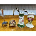 Four Vintage Hat Pin Holders, comprising two china floral decorated holders, an EPNS stand with