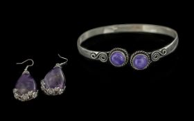 Silver Amethyst Set Bangle & Earrings, large teardrop shaped earrings, bangle set with two stones.