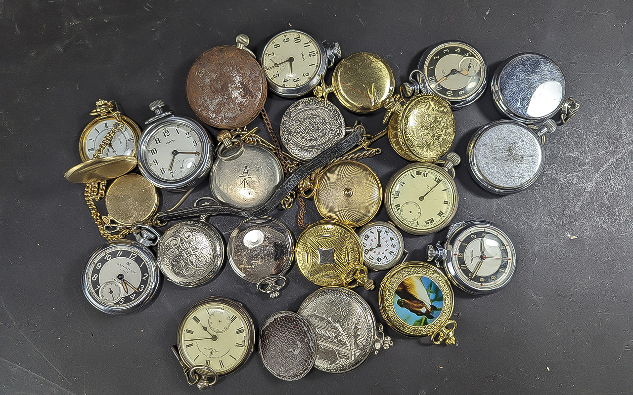 Large Collection of Assorted Pocket Watches, assorted sizes, makes and designs. Makes include