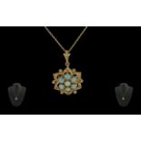 Edwardian Period 1901- 1910 pleasing 9ct gold opals and seed pearls set pendant / brooch,