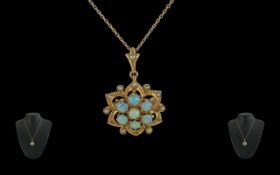 Edwardian Period 1901- 1910 pleasing 9ct gold opals and seed pearls set pendant / brooch,