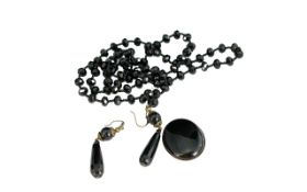 Black Jet Mourning Set, comprising necklace, earrings and brooch. Together With - Silver Oval