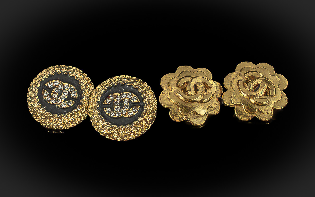 Two Pairs of Vintage Chanel Clip On Earrings, one pair circular shape with rope edging and Chanel