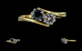 Ladies 18ct Gold Two Stone Diamond and Sapphire Set Dress Ring, Marked 18ct to Interior of Shank,