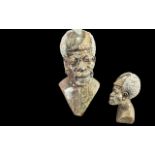 Well Carved Bust of a Tribal Elder, heavy stone, measures 8'' high. Together With - Three Cast