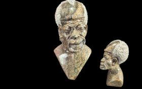 Well Carved Bust of a Tribal Elder, heavy stone, measures 8'' high. Together With - Three Cast