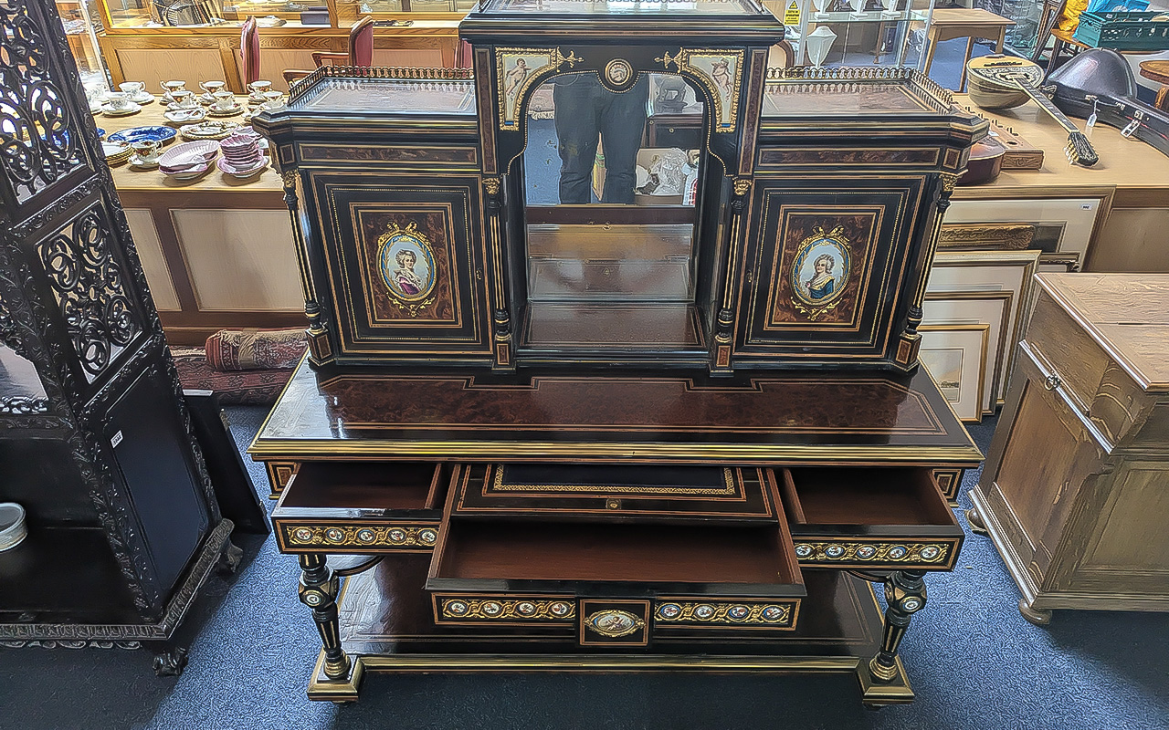 French Empire Quality Pair of Bonheur Du - Jours Cabinets, Made of Burr Walnut - Ebony, Amboyna - - Image 16 of 17