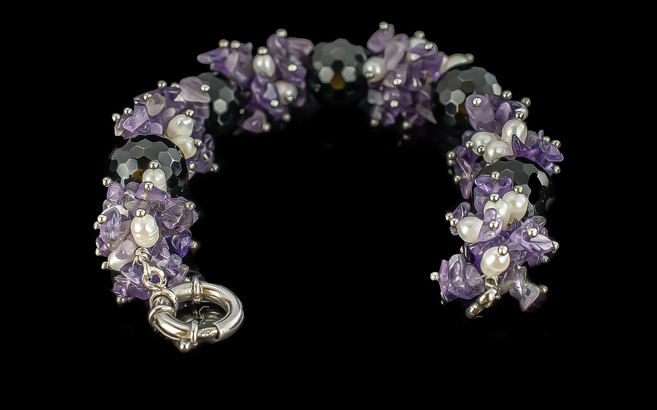 Obsidian Amethyst and Pearl Bracelet, co