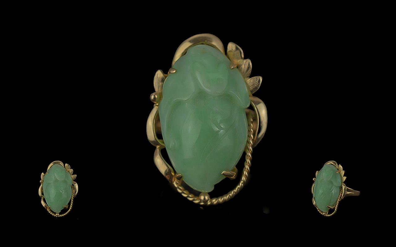 Ladies 14ct Gold Single Stone Green Jade