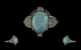 Art Deco Style Larimar and Black Enamel