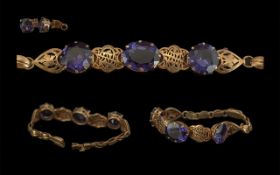 Ladies 18ct Gold - Excellent and Superior Amethyst Set Ornate Bracelet with Matching Pair of