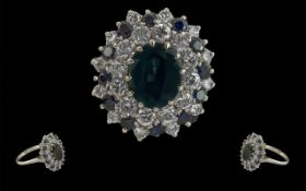 Ladies Impressive 18ct White Gold Blue Sapphire and Diamond Set Large Cluster Ring,
