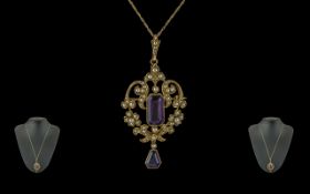 Victorian Period 1837 - 1901 Superb 15ct Gold Openwork Pendant Brooch Set With Amethysts and Seed