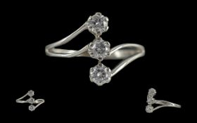 Ladies - Attractive 9ct White Gold 3 Stone Diamond Set Contemporary Designed Ring. Full Hallmark