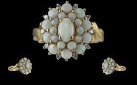 Ladies - Attractive 9ct Gold Opal and Diamond Set Cluster Ring, Full Hallmark to Interior of