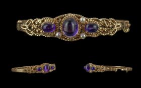 Antique Period Ladies - Excellent 9ct Gold Open Worked Hinged Bangle, Set with Amethysts and Seed